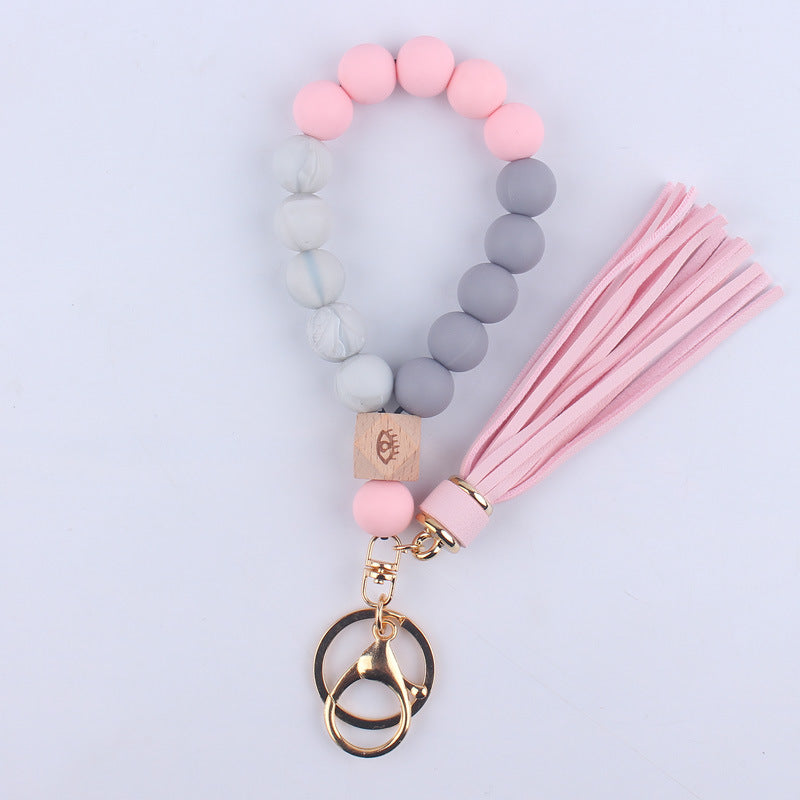 Wholesale Leopard Pattern Silicone Tassel Beaded Wrist Keychain